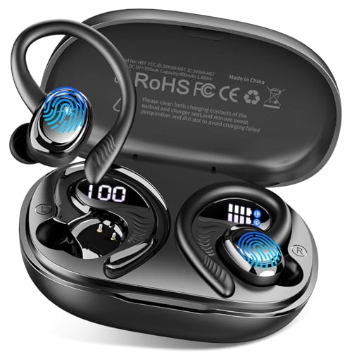Wireless Earbuds Bluetooth 5.4 Headphones Sport, 2025 Bluetooth Earbuds with Earhooks, 50H Stereo Over Ear Buds, Earphone with 4 ENC Noise Canceling Mic, IP7 Waterproof Headset for RunningGymWorkout