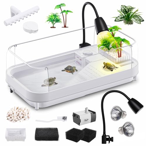 Moonorange Large Turtle Tank Kit TankLampFilter, Acrylic Turtle Tank Starter Kit with Heightened and Curved Fences, Bottom Drainage, Multi-Function Areas Black Lamp