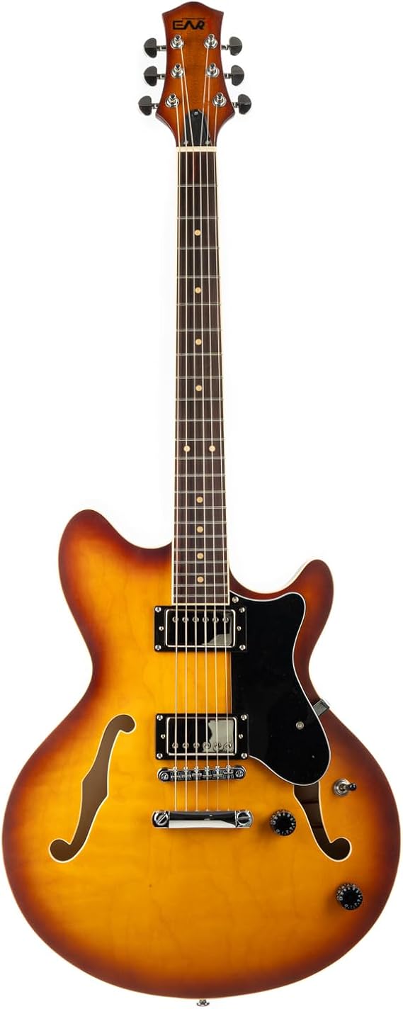 EART E-325 6 String Semi-Hollow-Body Electric Guitar, Roasted Mahogany Neck,Stainless Steel Frets, Playing Jazz,Tobacco