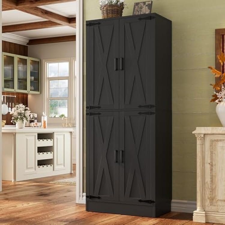Unikito 71 Tall Kitchen Pantry Cabinet with Farmhouse Barn Doors and Storage Drawer, 4 Adjustable Shelves, Freestanding Cupboard for Kitchen, Dining Room, Living Room, Utility Room, Black
