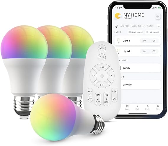 Broadlink FastCon Lighting Control Kit - Includes 4 Bulbs, 1 Lighting Remote Control, Color Changing with Music Sync, A60/E27/9W/800LM, Works with Alexa and Google Home [Energy Class F]