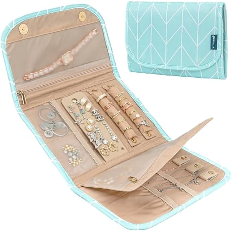 PAVILIA Travel Jewelry Case Organizer, Foldable Jewelry Travel Roll Bag, Small Jewelry Travel Pouch Wallet for Earrings, Rings, Necklaces, Bracelets, Travel Packing Accessories Chevron Teal