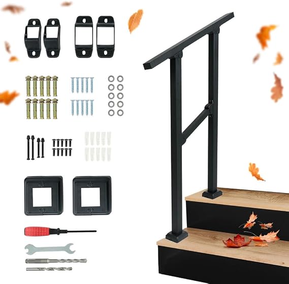 Metal Handrails for Outdoor Steps, 2 Step HandRail Fit 1 to 2 Steps Outdoor Stair Railing, Deck Handrail, Black Wrought Iron Railing with DIY Installation Kit