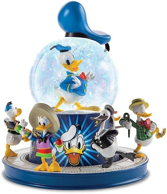 The Bradford Exchange Disney Donald Duck 90th Anniversary Musical Glitter Globe Rotating Filmstrip Platform with 5 Sculpted Figures and Wind-Up Music