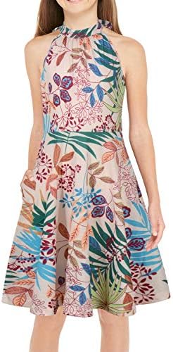 GORLYA Girls Halter Neck Cold Shoulder Sleeveless Summer Casual Sundress A-line Dress with Pockets for 4-12 Years