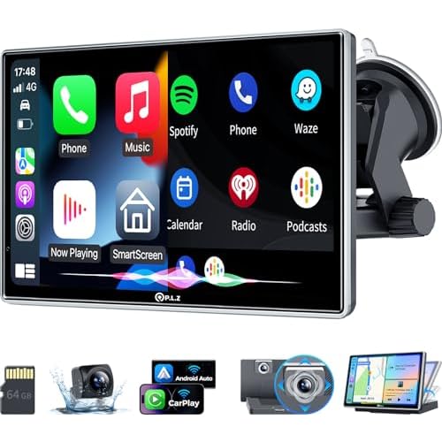 PLZ 7 Apple Carplay Screen for Car, Portable Wireless Plug in Car Stereo Play Android Auto Touchscreen, Bluetooth 5.3, FM Radio Transmitter, Car Audio Receiver, 1080P Backup Camera 2.5K Dash Camera