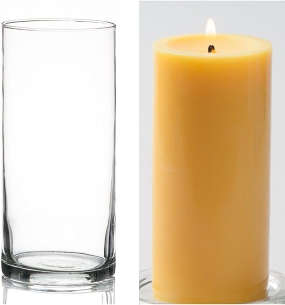 12 Eastland Glass Cylinder Vases 7.5" and 12 Richland Pillar Candles 6" Yellow