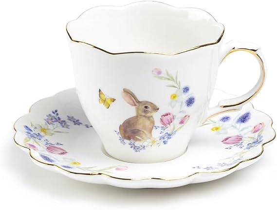 Meadow Bunny Tea Cup and Saucer with Gold Trim, Spring Easter Bunny Floral and Butterfly Tea Cup and Saucer Set