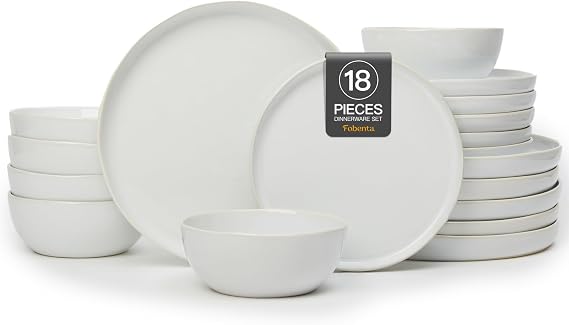 FOBENTA 18-Piece Fog White Ceramic Plates and Bowls Set,Minimalist Dinnerware Sets for 6 Artful Dish Set for Serene Dining & Everyday Aesthetic