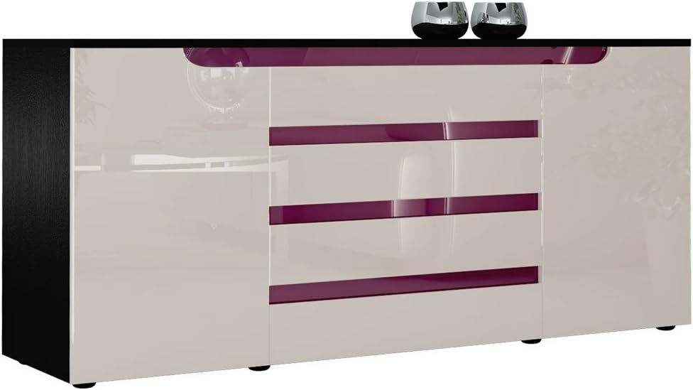 Vladon Sideboard Chest of Drawers Sylt V2, Carcass in Black mattFront in Sand grey High Gloss with offsets in Raspberry High Gloss