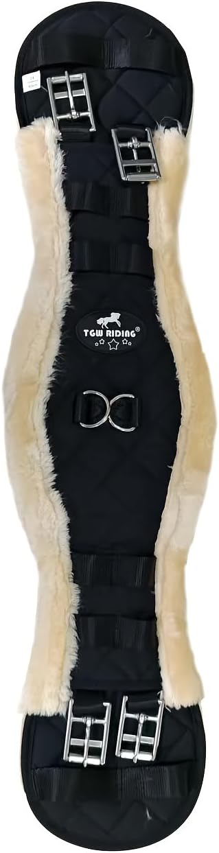 FauxFur Sheepskin Dressage Girth with Stainless Steel Buckles, Quilted Black, 19.69-33.46 inches