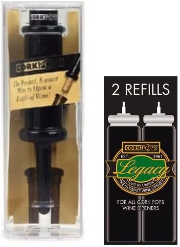 Cork Pops Original Wine Bottle Opener, 6.5 Inch Made in USA, Effortless Push-Button Cork Removal, Includes Cartridge (Opens Up to 60 Bottles) (Black, 3 Cartridges)