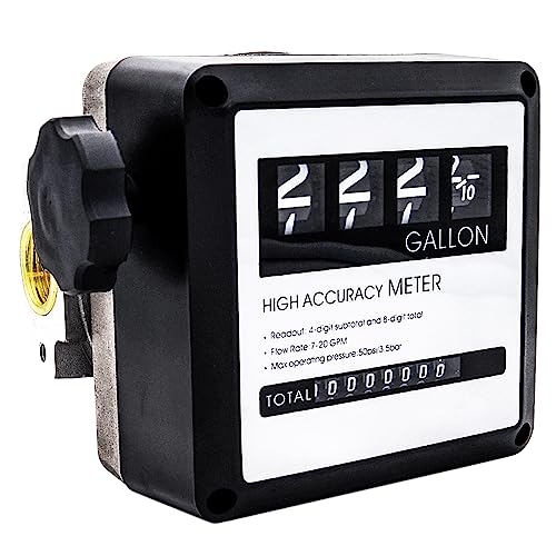 1 Inch NPT Mechanical Gallon Fuel Flow Meter for Disel Fuel Tank Transfer Pumps, Aluminum 7-20 GPM 4-Digital Batch Display