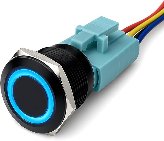 MGI SpeedWare Black Aluminum Push Button Switch 22mm with Socket, 3A 12vDC Ring LED (Latching, Blue)