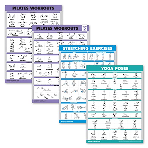 Palace Learning 4 Pack - Pilates Workout Volume 1 & 2  Stretching  Yoga Poses - Exercise Poster Set 18 x 24, LAMINATED