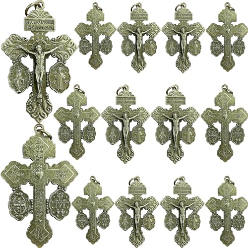 12pcs Crucifix for Rosary Making Bulk Pack,Miraculous Medal,St Benedict Medal,Miraculous Medal,Rosaries Catholic and Pardon Crucifix Rosary Parts, bronze