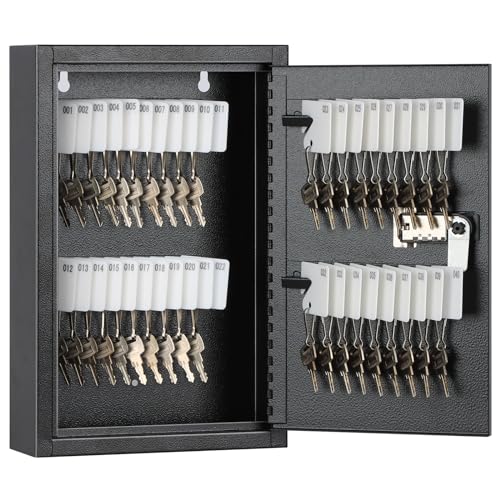 KYODOLED Locking Key Cabinet, 40 Key Storage Lock Box with Code, Key Box Wall Mount with Combination Lock, Key Hooks & Tags Labels for Home, Office, Business, 2.5 D x 8 W x 12 H Black,40 Key