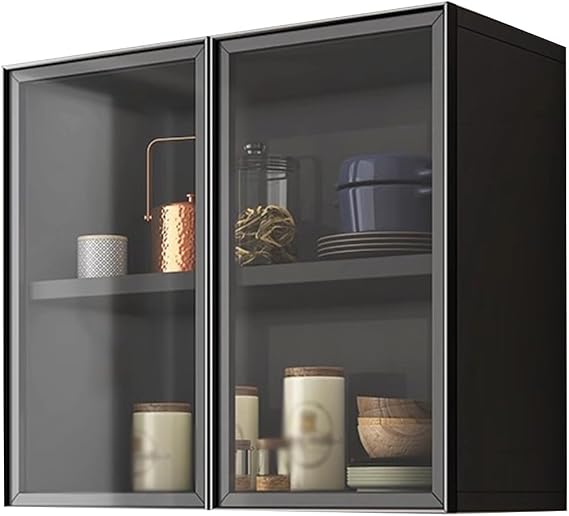 XPLKQXE Tempered Glass Door Wall Cabinet, Wall Mounted Storage Organizer Cabinet Office, Dining Room, Living Room, Kitchen and Bathroom, Push-Type Door Lock(Gray+Black,60x30x60cm)