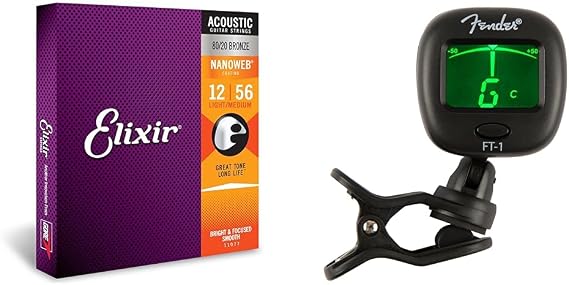 Elixir Acoustic Guitar Strings with NANOWEB Coating, Fender FT-1 Clip On Chromatic Guitar Tuner, 6 String Light/Medium 12-56