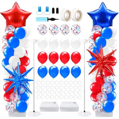 Kasyat 2 Sets 4th of July Balloon Column Stand Kit Red White and Blue Star Balloon Arch Garland Kit with Adjustable Stand for Memorial Day Patriotic 250th Anniversary Independence Day Decorations