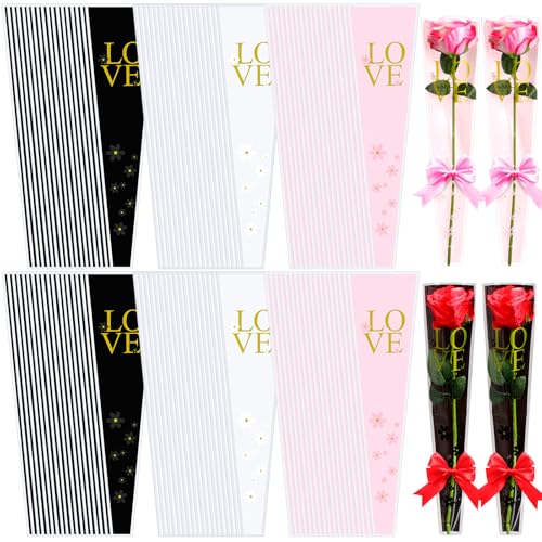 150 Pcs Flower Bags for Bouquets Single Rose Sleeve Flower Wrapping Packaging Supplies Bags Florist Clear Packing for Wedding Anniversary Engagement Valentines Day17.72 x 5.12 x 1.57