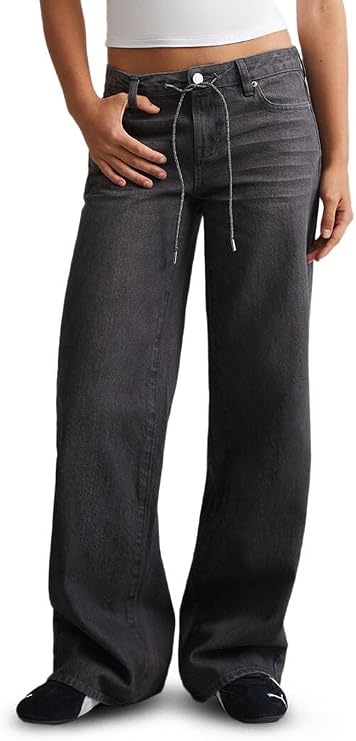 PacSun Women's Casey Low Rise Baggy Jeans Glitter Drawstring Gray