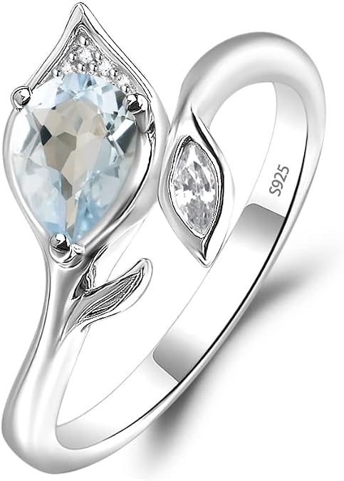 LUO Silver Pear Shaped Gemstone Ring for Women, 7x5mm Natural Inspired Teardrop Birthstone Gemstone Leaf Ring Size 3-13 for Wedding Engagement Promise