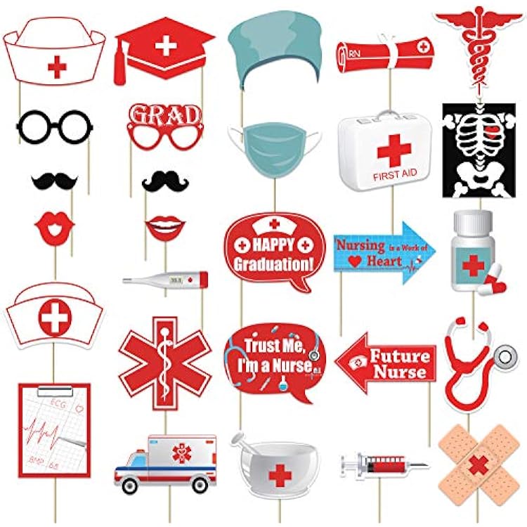 Nurse Graduation Photo Booth Props Kit - Medical School BSN RN Nursing Grad Party Supplies - No DIY Needed, 28 Count