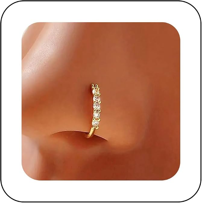 Andelaisi Boho Crystal Bar Clip On Nose Ring Vintage CZ Cuff Hoop Nose Ring Gold Bar Faux Clip On Nose Rings Rhinestone No Piercing Nose Rings Jewelry for Women