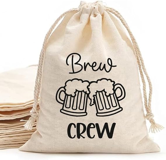 MS Brew Crew printed Party Favor bags - Cotton Drawstring closure - Bachelorette hangover kit - Hangover Recover Kit Wedding Party Gift Bags - 5 * 7 Inch bags Set of 10