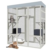 70inch Catio Outdoor Cat Enclosure, Outdoor Catio Condo Enclosure, Wooden Cats Cage, Large Outside Cats House Weatherproof with 5 Platforms and 2 Resting Boxes.