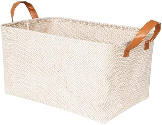 Jute Woven Basket Foldable Clothes Organizer Basket with Handle Closet Organzier Washable Home Storage (L 48x33x26cm, Beige Storage Basket)