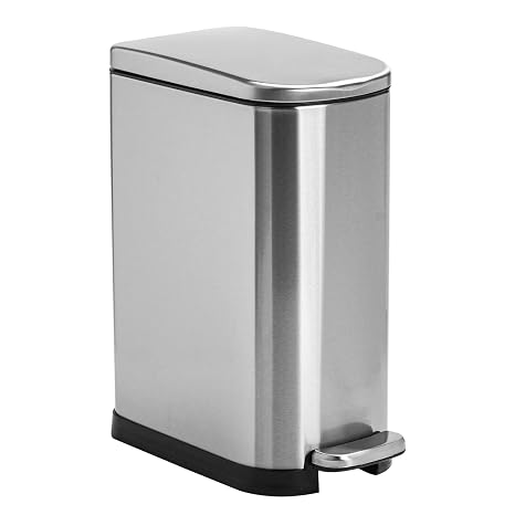 Small Bathroom Trash Can with Lid-10L/2.6 Gal Stainless Steel Garbage Can-Slim Metal Wastebasket-Rectangle Step Garbage Container Bin for Narrow Office, Kitchen, Bedroom, Toilet-Soft Close-Silver
