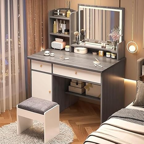 Dressing Table Vantity Table with Flip-top Mirror and Rolling Stool LED Lights Integrated Makeup,Vanity Desk with LED Lighted Mirror, Dressing Table Set with Cushioned Stool, Makeup Vanity D