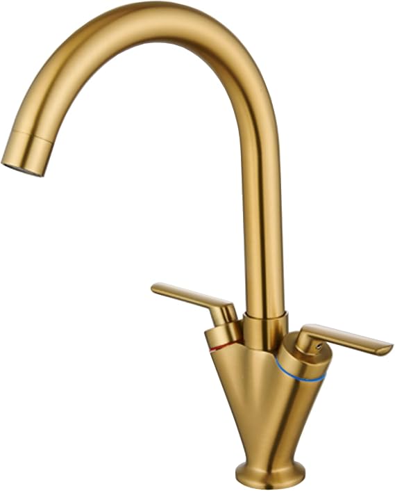 Brushed Gold Kitchen Tap, 360° Swivel Spout Swan Neck Sink Mixer Taps, Dual Lever Kitchen Faucet