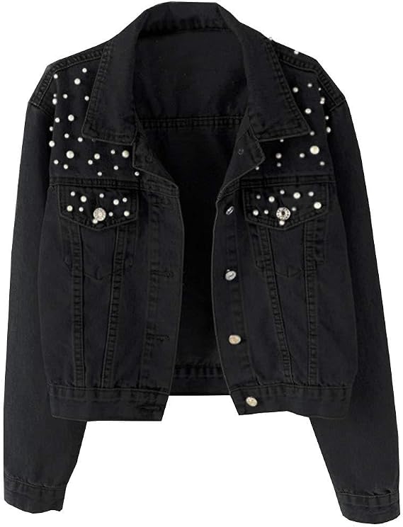 LifeShe Women's Embroidered Pearl Denim Jean Jacket Coat