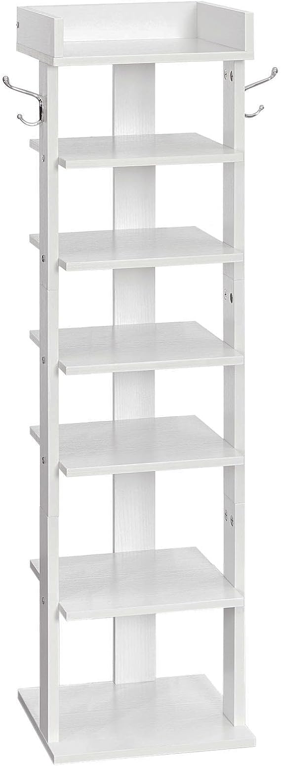 HOOBRO Vertical Shoe Rack for Front Door Entryway, 7 Tier Wooden Shoe Storage Organizer with Hooks, Narrow Shoe Tower for 7 Pairs, Space Saving, for Corner, Closet, Bedroom, White WT61XJ01
