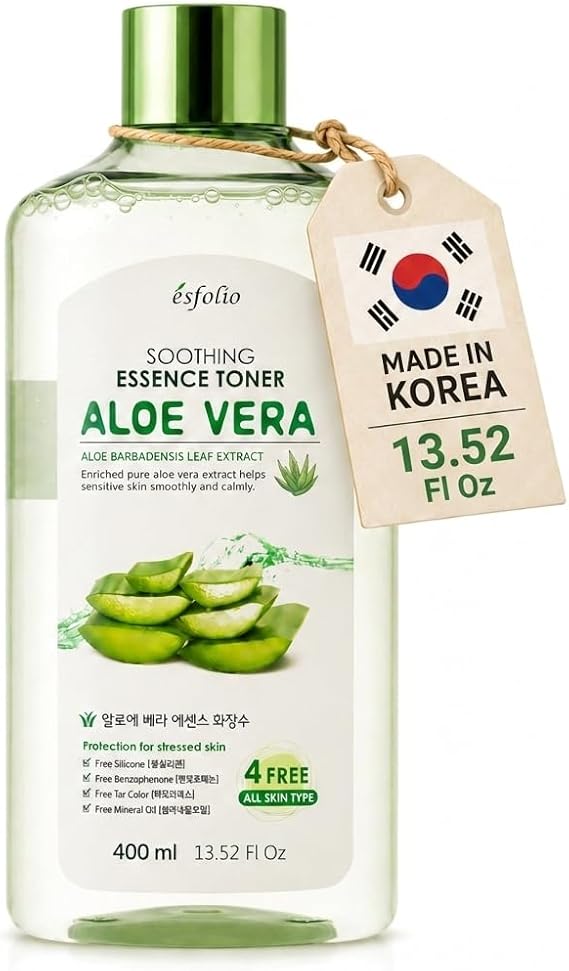 esfolio Aloe Vera Soothing Essence Toner 13.52 Fl Oz Lightweight Hydrating Facial Toner, Refreshing Daily Skin Prep, Fast Absorbing Liquid Essence, Made in Korea