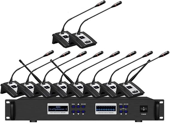 Wireless Conference Microphones, 8 Channels Gooseneck Mics, Adjustable Frequency, Table Meeting Cordless Microphones & Receiver w/ 10 Gooseneck Mics, Rack Mountable, for Large conferences, Meeting