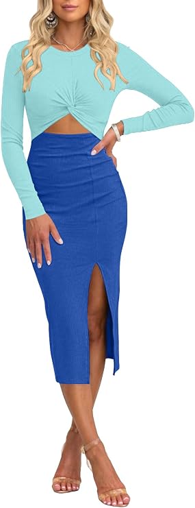 oten Women Casual Long Sleeve Cutout Twist Front Side Slit Ribbed Knit Party Bodycon Midi Dresses