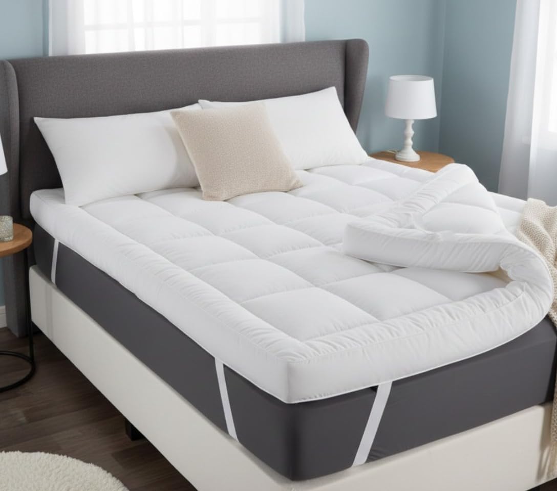 Adam Home Microfiber Quilted Mattress Topper Double Bed 4 Inch  10cm Fluffy and Hypoallergenic, Thick White, Hotel Quality Extra Soft, Stronge Elasticized Corner Straps 135 x 190  10cm