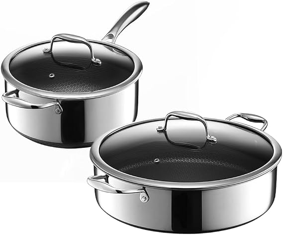 HexClad Hybrid Nonstick 4-Piece Cookware Set, 5-Litre Saucepan with Lid and 7-Litre Chicken Fryer with Lid, Stay-Cool Handles, Dishwasher and Oven-Safe, Induction Ready, Compatible with All Cooktops