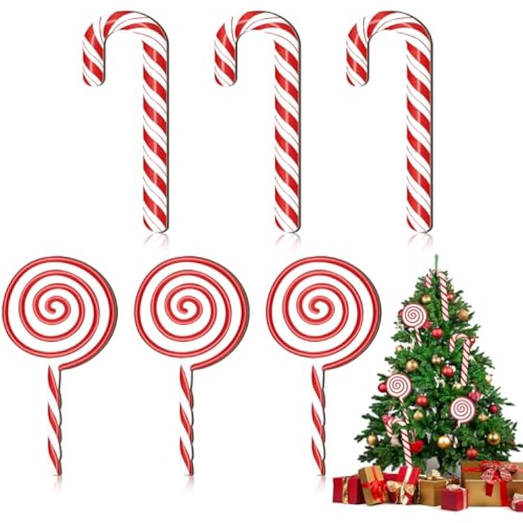 6 Large Wooden Candy Cane Christmas Decorations - Red & White Peppermint Ornaments