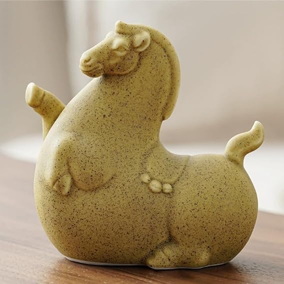 Ceramic Fat Horse, Figurine Collectible Cute Happy Fat Horse Animal Garden Sculpture Handmade Art Painted Bookshelf Table Home Office Decor Gift to Attract Success (Red) (Yellow B)