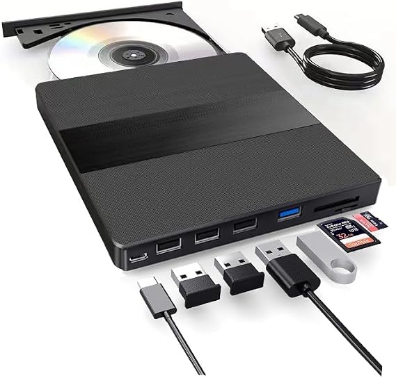 Coverzone 7in1 External USB 3.0 and Type-C DVD-ROM DVD-RW Optical Drive, USB and Type C Wired, PC, Tablet, DVD Player, Patterned Design Ultra Slim CD ROM Reader CV540