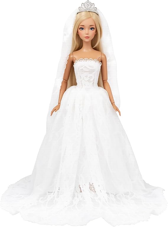 BARWA White Wedding Dress with Long Veil Evening Party Princess White Lace Gown Dress for 11.5 Inch Girl Doll