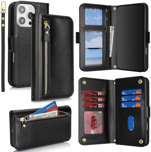 Jaorty for iPhone 16 Pro Max Phone Case with Card Holder for Women Men,Phone Case Wallet for iPhone 16 Pro Max with Wrist Strap,PU Leather Zipper Pocket Flip Cover,Black