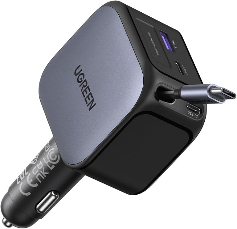 UGREEN 145W 4-Port Retractable Car Charger with 60W Retractable Cable