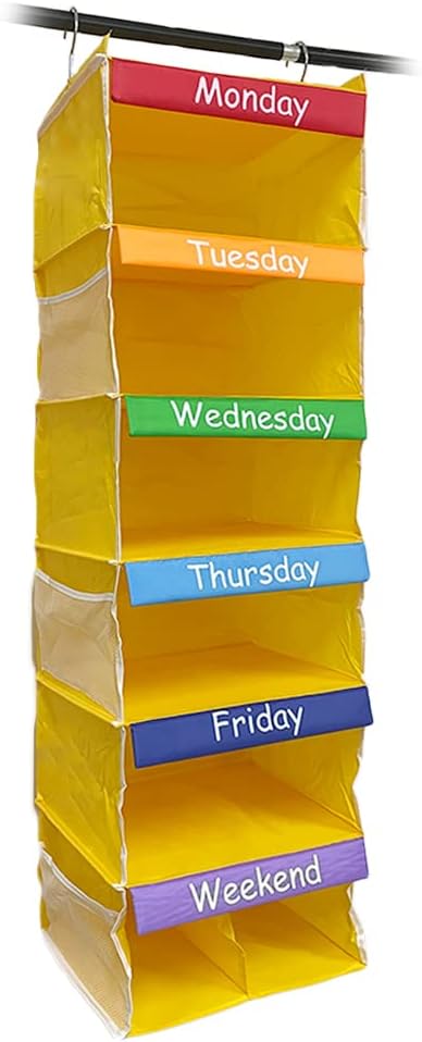 6-Shelf Weekly Hanging Closet Organizer with 6 Side Pockets, School Student Daily Activity Storage Supplies, 43" Hx12 W