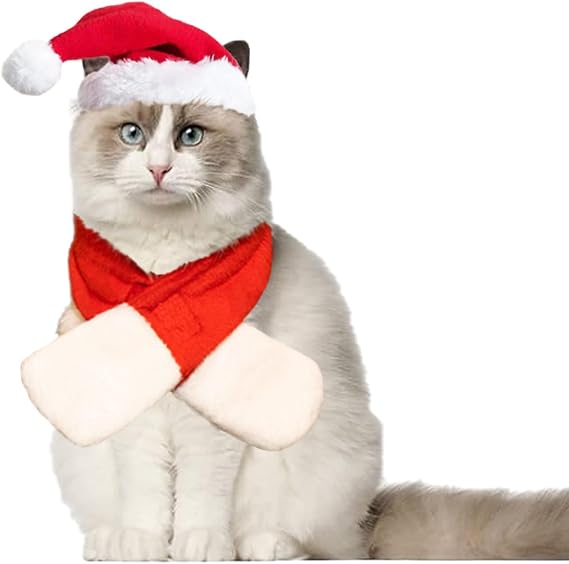 Dog Cat Pet Santa Hat with Scarf, Christmas Costume Set Pet Cat Puppy Dog Santa Hat and Scarf Christmas Pet Costume Accessory for Christmas Decoration Cosplay Supplies for Cats Puppy Dogs Pets
